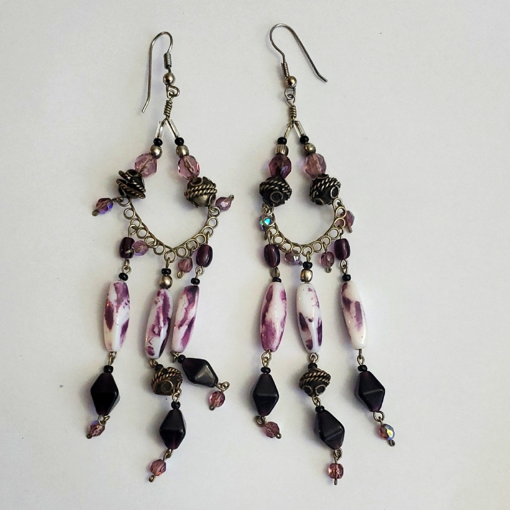 Vintage Hand Made Moroccan Silver Tone With Glass Beads Dangle Earrings 4" L